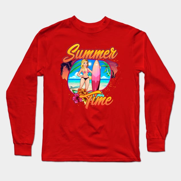 Summer Time surfer girl cute flowers beach Long Sleeve T-Shirt by SpaceWiz95